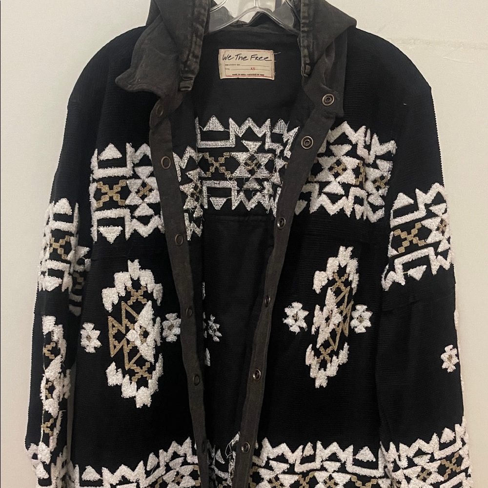 We The Free Black Corduroy Jacket/ Cardigan with White and Tan Patterns )